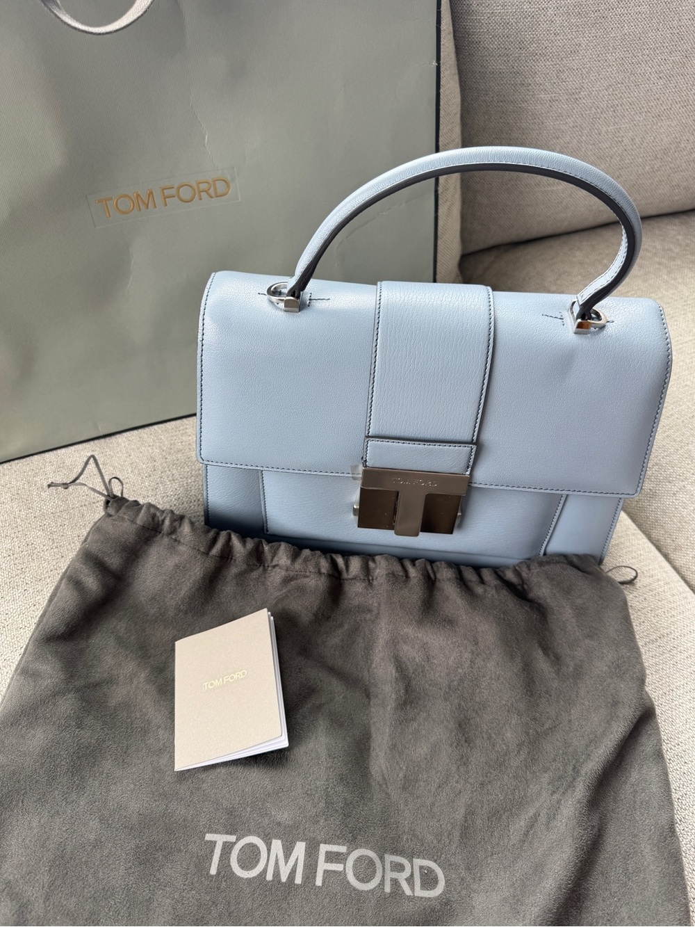 Brand New Luxury - Tom Ford Baby Blue T Lock Leather Top-Handle Satchel